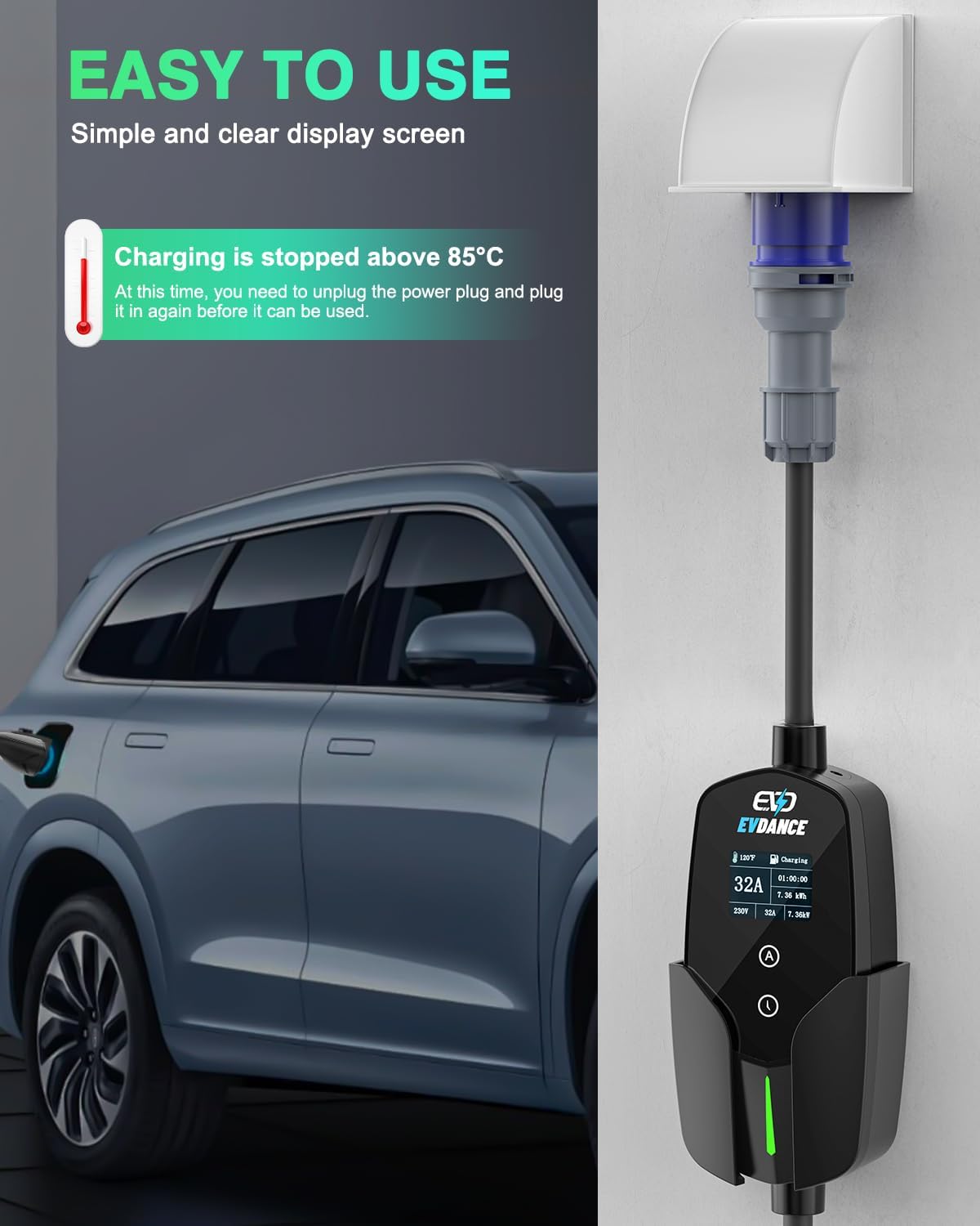 EVDANCE 32A Type 2 EV Charger  - đánh giá và giá Portable Ev Charger 32A Type 2 Cee Plug